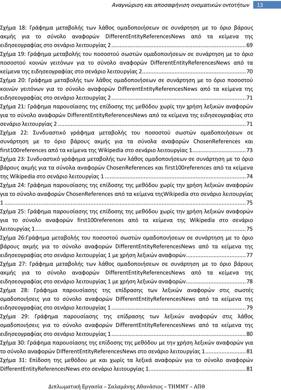 .. 69 Σχήμα 19: Γράφημα μεταβολής του ποσοστού σωστών ομαδοποιήσεων σε συνάρτηση με το όριο ποσοστού κοινών γειτόνων για το σύνολο αναφορών DifferentEntityReferencesNews από τα κείμενα της