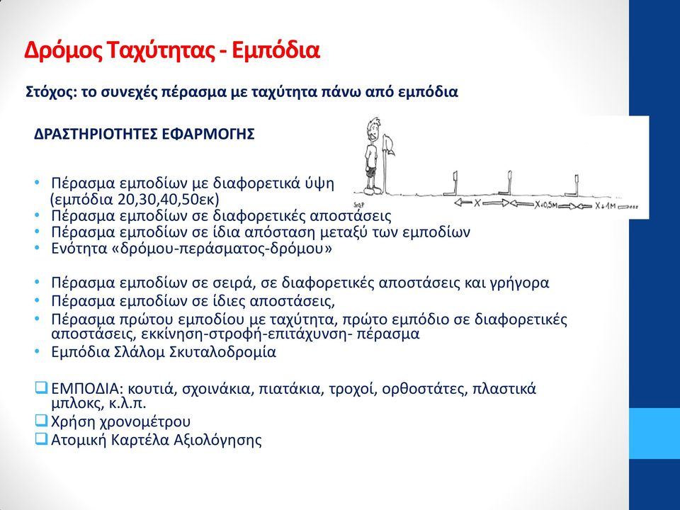 διαφορετικές αποστάσεις και γρήγορα Πέρασμα εμποδίων σε ίδιες αποστάσεις, Πέρασμα πρώτου εμποδίου με ταχύτητα, πρώτο εμπόδιο σε διαφορετικές αποστάσεις,