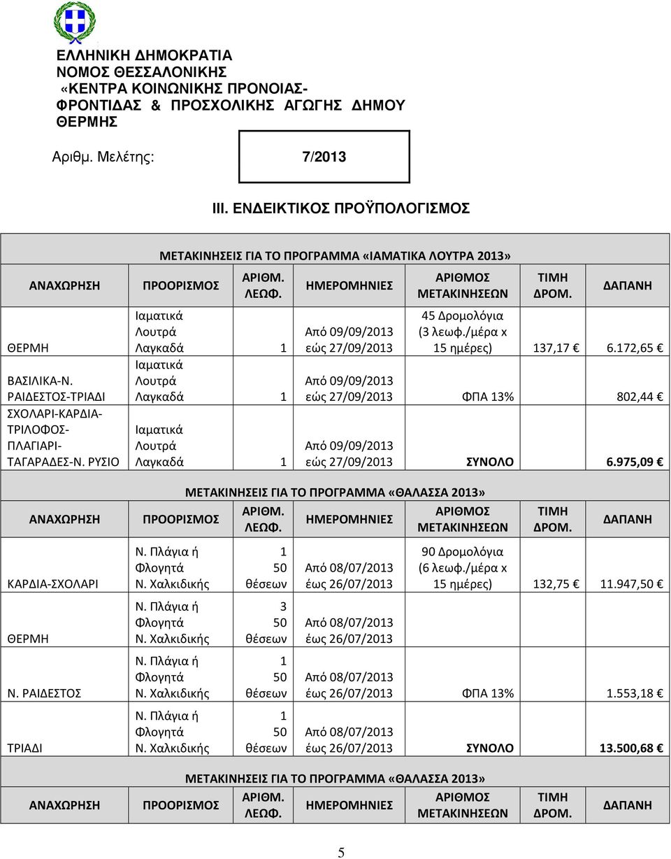 ΡΑΙΔΕΣΤΟΣ ΤΡΙΑΔΙ ΜΕΤΑΚΙΝΗΣΕΙΣ ΓΙΑ ΤΟ ΠΡΟΓΡΑΜΜΑ «ΙΑΜΑΤΙΚΑ ΛΟΥΤΡΑ 203» Ιαματικά Λουτρά Λαγκαδά Ιαματικά Λουτρά Λαγκαδά Ιαματικά Λουτρά Λαγκαδά Από 09/09/203 εώς 27/09/203 45 Δρομολόγια (3 λεωφ.