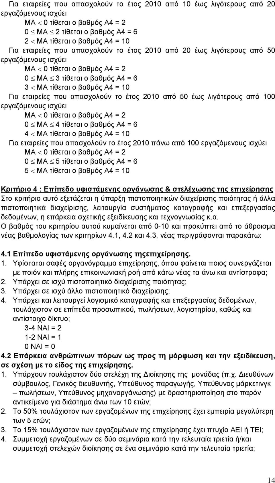 2010 από 50 έως λιγότερους από 100 εργαζόμενους ισχύει ΜΑ 0 τίθεται ο βαθμός Α4 = 2 0 ΜΑ 4 τίθεται ο βαθμός Α4 = 6 4 ΜΑ τίθεται ο βαθμός Α4 = 10 Για εταιρείες που απασχολούν το έτος 2010 πάνω από 100