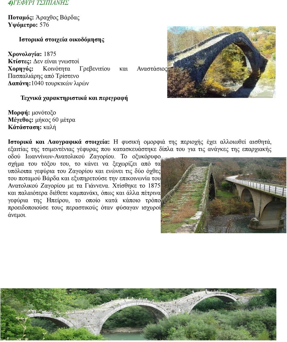 αλλοιωθεί αισθητά, εξαιτίας της τσιμεντένιας γέφυρας που κατασκευάστηκε δίπλα του για τις ανάγκες της επαρχιακής οδού Ιωαννίνων-Ανατολικού Ζαγορίου.