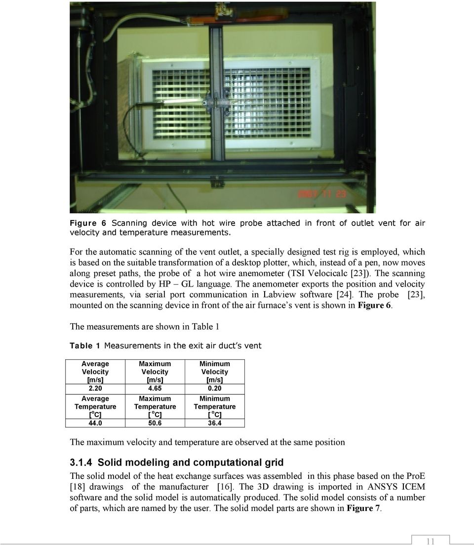 preset paths, the probe of a hot wire anemometer (TSI Velocicalc [23]). The scanning device is controlled by HP GL language.