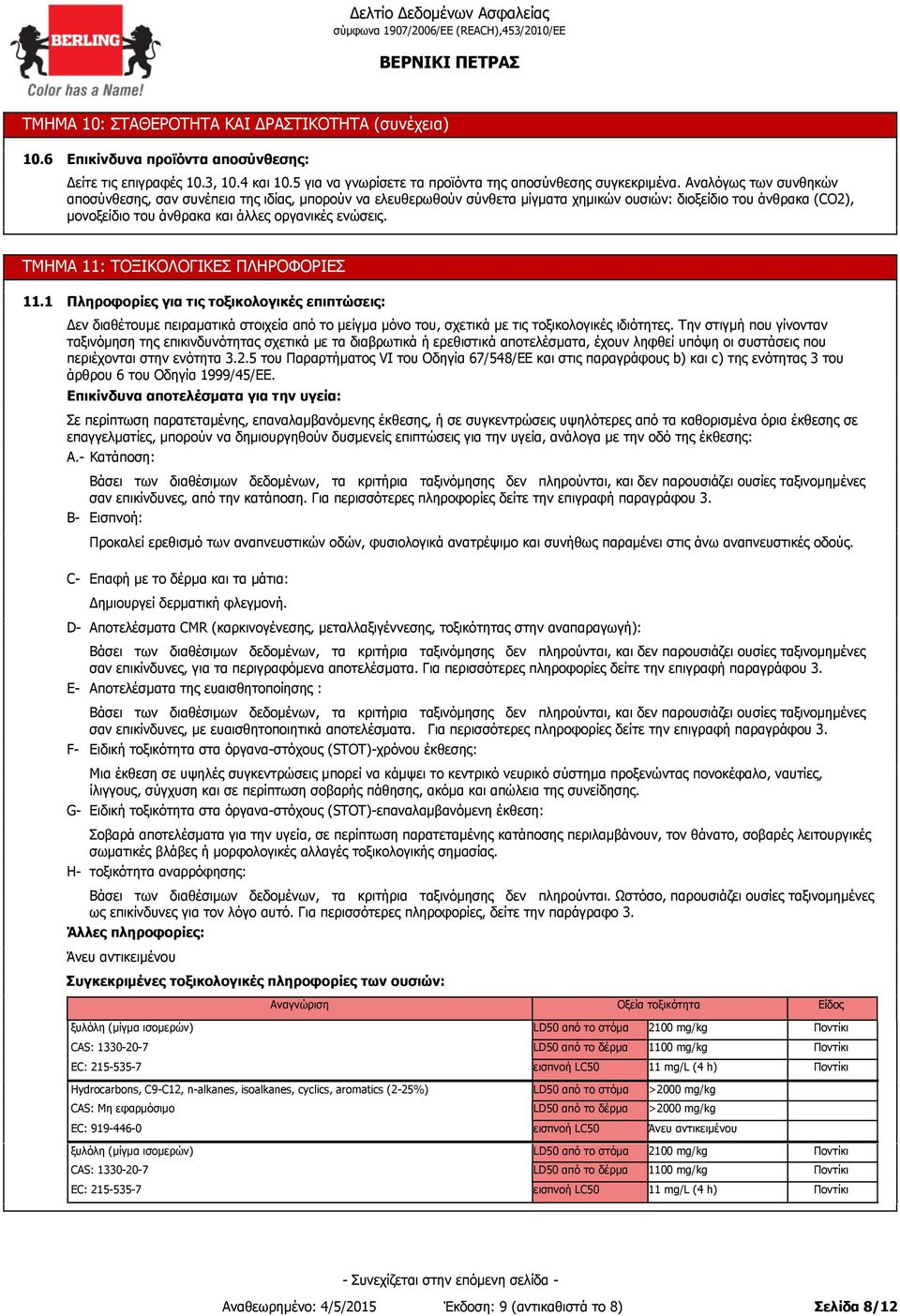 ΤΜΗΜΑ 11: ΤΟΞΙΚΟΛΟΓΙΚEΣ ΠΛΗΡΟΦΟΡIΕΣ 11.1 Πληροφορίες για τις τοξικολογικές επιπτώσεις: Δεν διαθέτουμε πειραματικά στοιχεία από το μείγμα μόνο του, σχετικά με τις τοξικολογικές ιδιότητες.