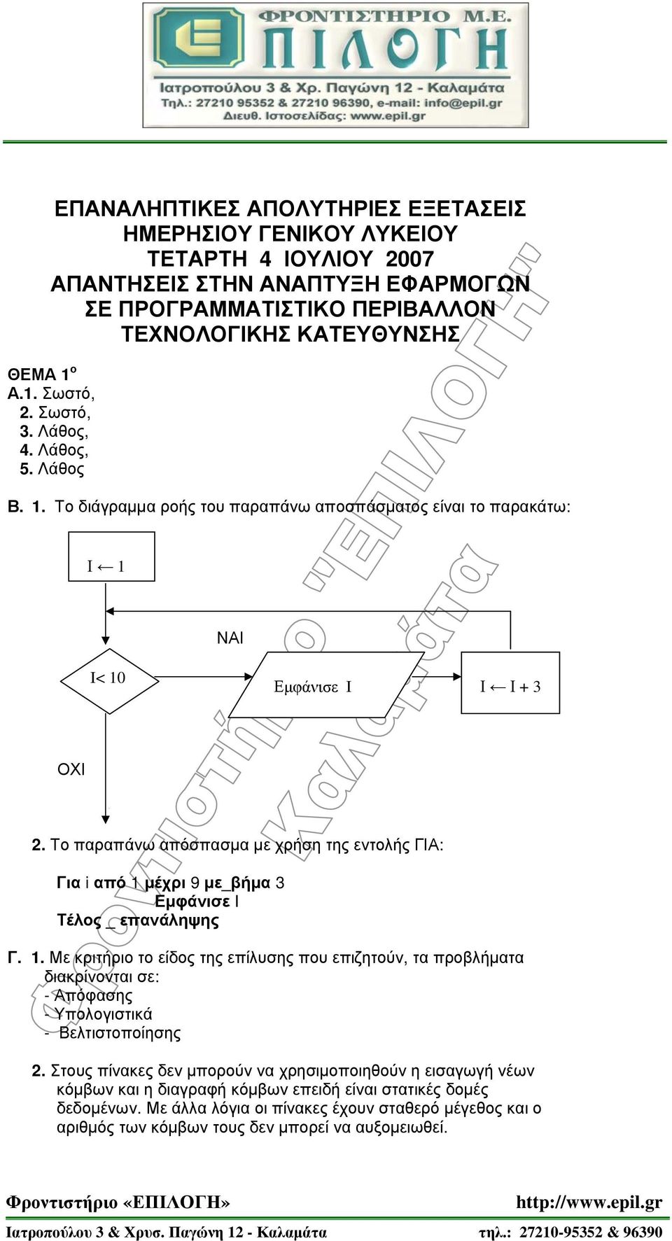 Το παραπάνω απόσπασμα με χρήση της εντολής ΓΙΑ: Για i από 1 μέχρι 9 με_βήμα 3 Εμφάνισε I Γ. 1. Με κριτήριο το είδος της επίλυσης που επιζητούν, τα προβλήματα διακρίνονται σε: - Απόφασης - Υπολογιστικά - Βελτιστοποίησης 2.