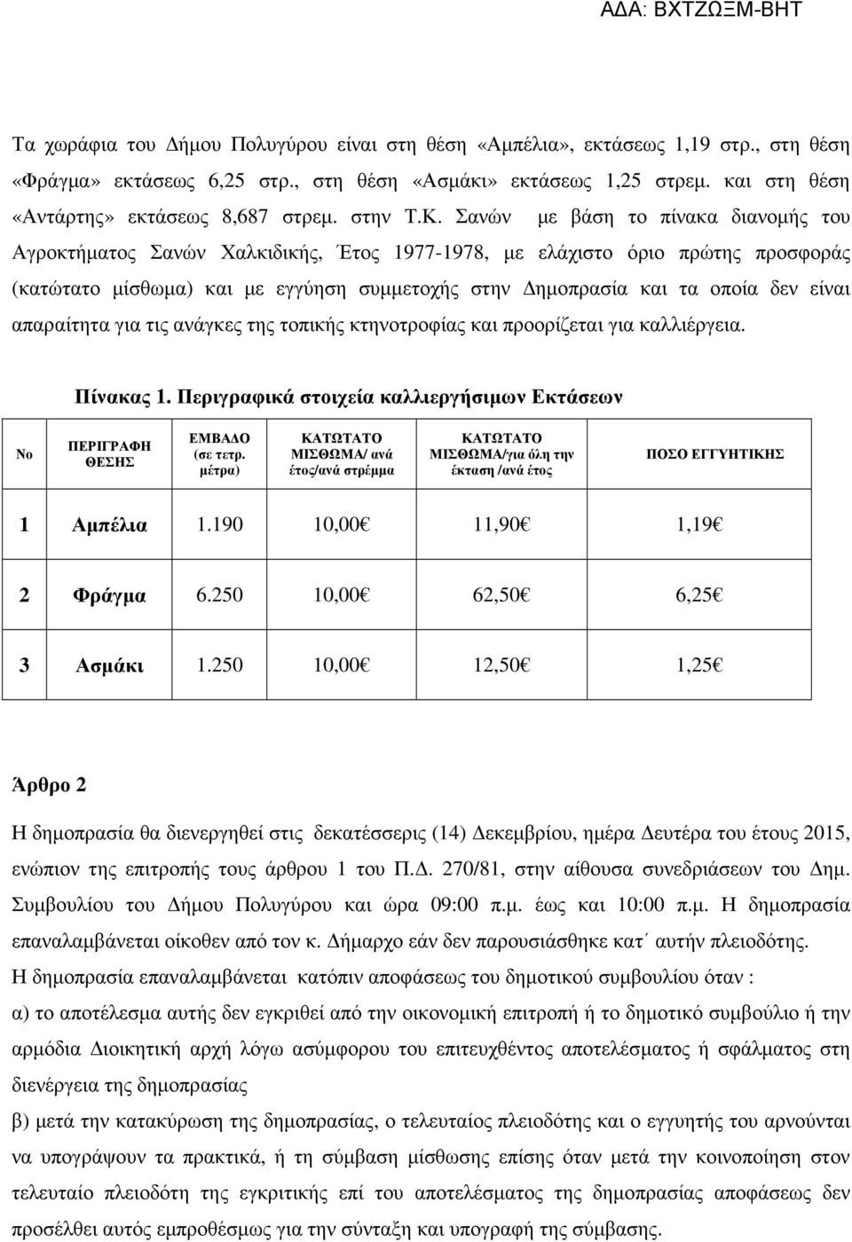 Σανών µε βάση το πίνακα διανοµής του Αγροκτήµατος Σανών Χαλκιδικής, Έτος 1977-1978, µε ελάχιστο όριο πρώτης προσφοράς (κατώτατο µίσθωµα) και µε εγγύηση συµµετοχής στην ηµοπρασία και τα οποία δεν