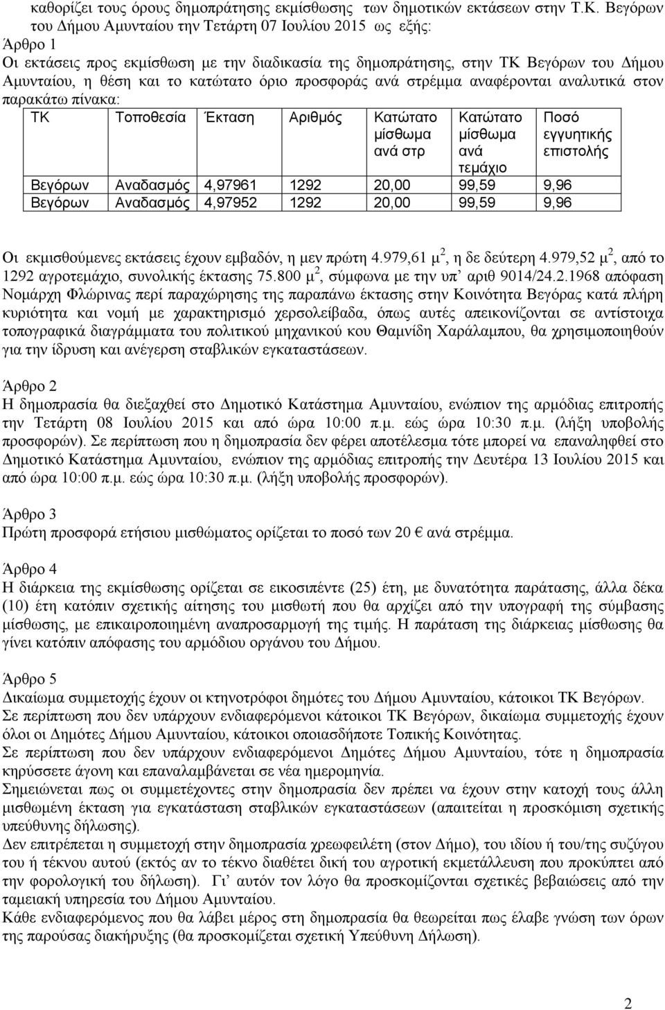 όξην πξνζθνξάο αλά ζηξέκκα αλαθέξνληαη αλαιπηηθά ζηνλ παξαθάησ πίλαθα: ΤΚ Τοποθεζία Έκηαζη Αριθμός Καηώηαηο μίζθωμα ανά ζηρ Καηώηαηο μίζθωμα ανά ηεμάτιο Βεγόρων Αναδαζμός 4,97961 1292 20,00 99,59