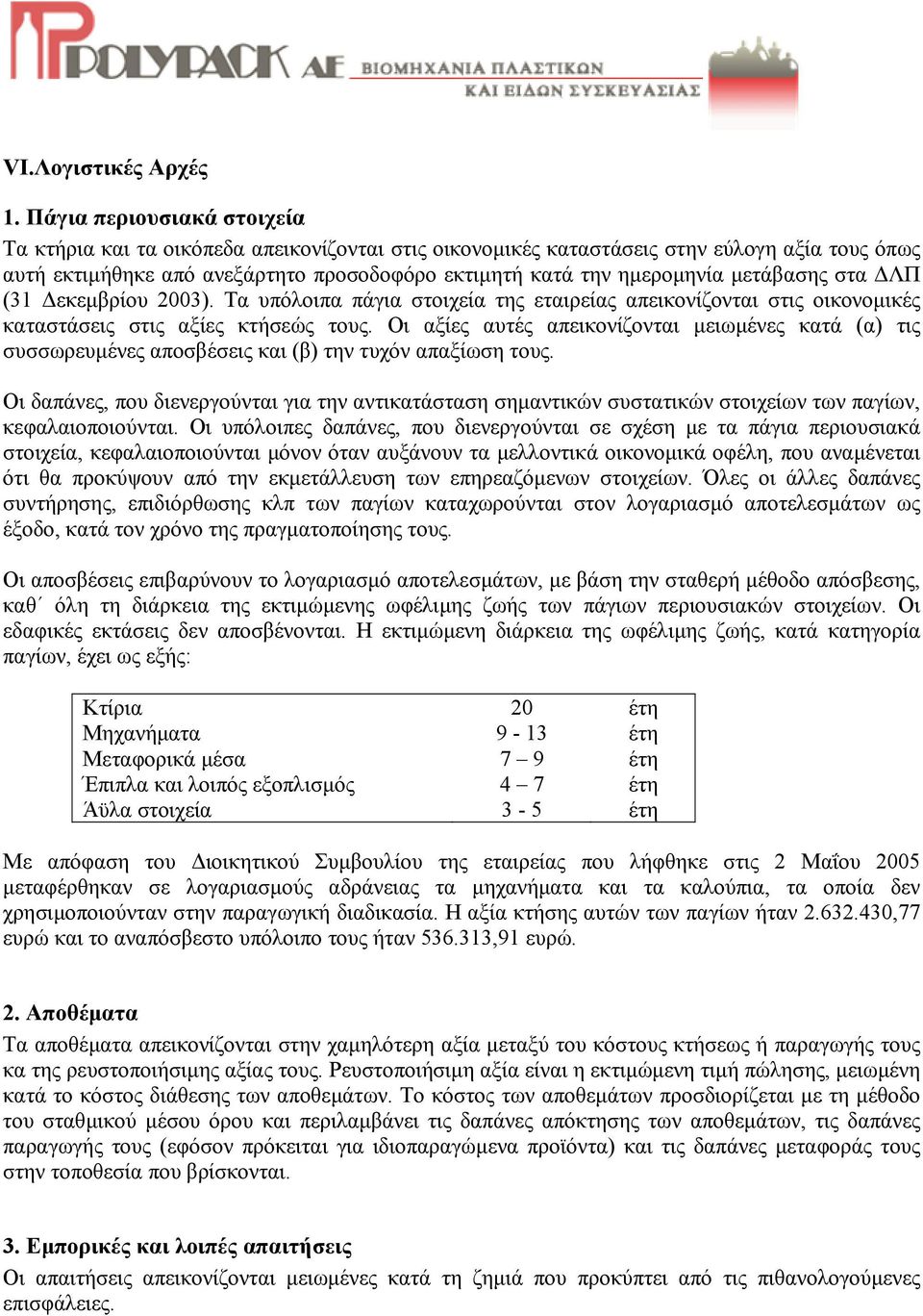 µετάβασης στα ΛΠ (31 εκεµβρίου 2003). Τα υπόλοιπα πάγια στοιχεία της εταιρείας απεικονίζονται στις οικονοµικές καταστάσεις στις αξίες κτήσεώς τους.