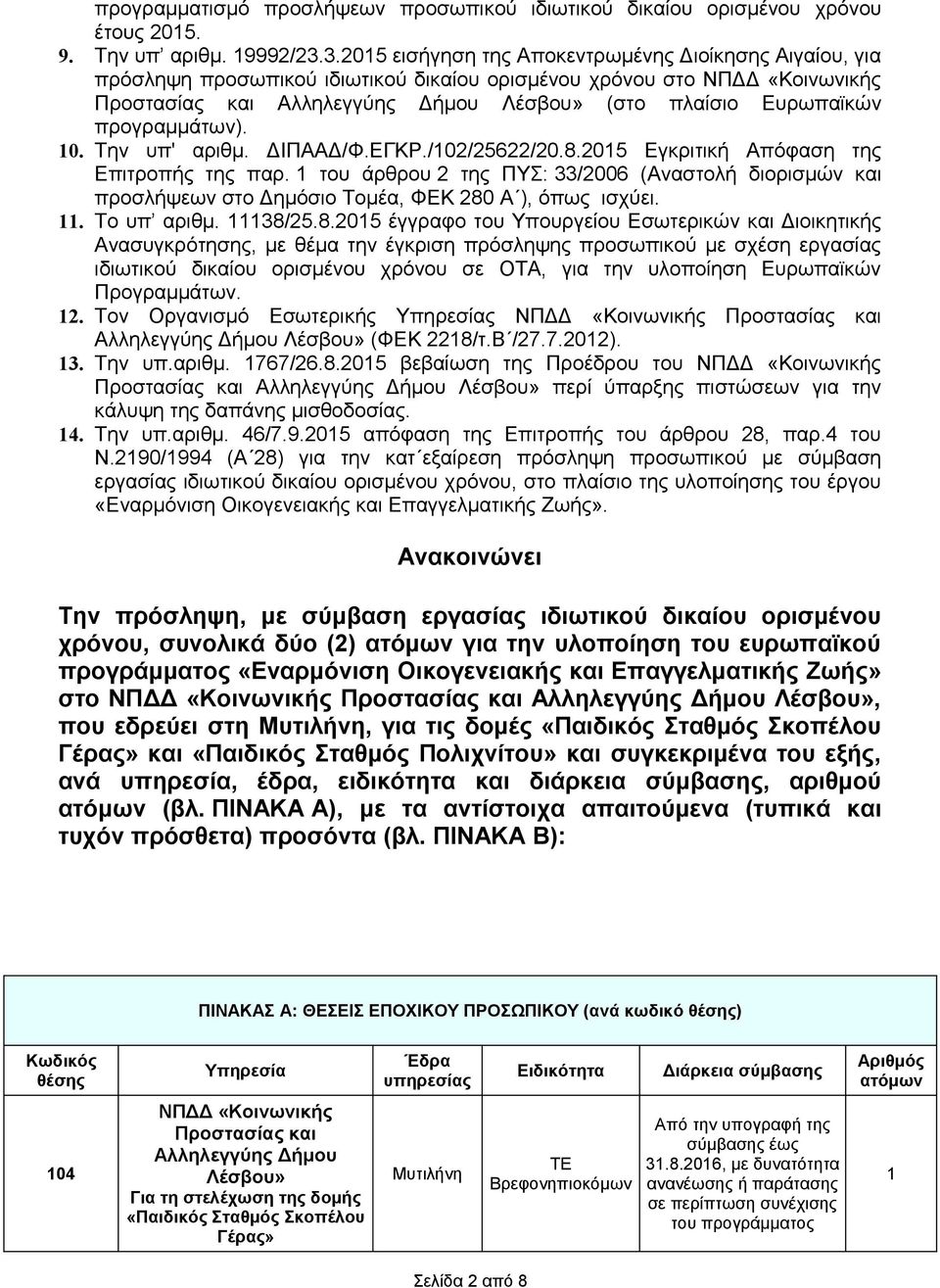 προγραμμάτων). 10. Την υπ' αριθμ. ΔΙΠΑΑΔ/Φ.ΕΓΚΡ./102/25622/20.8.2015 Εγκριτική Απόφαση της Επιτροπής της παρ.