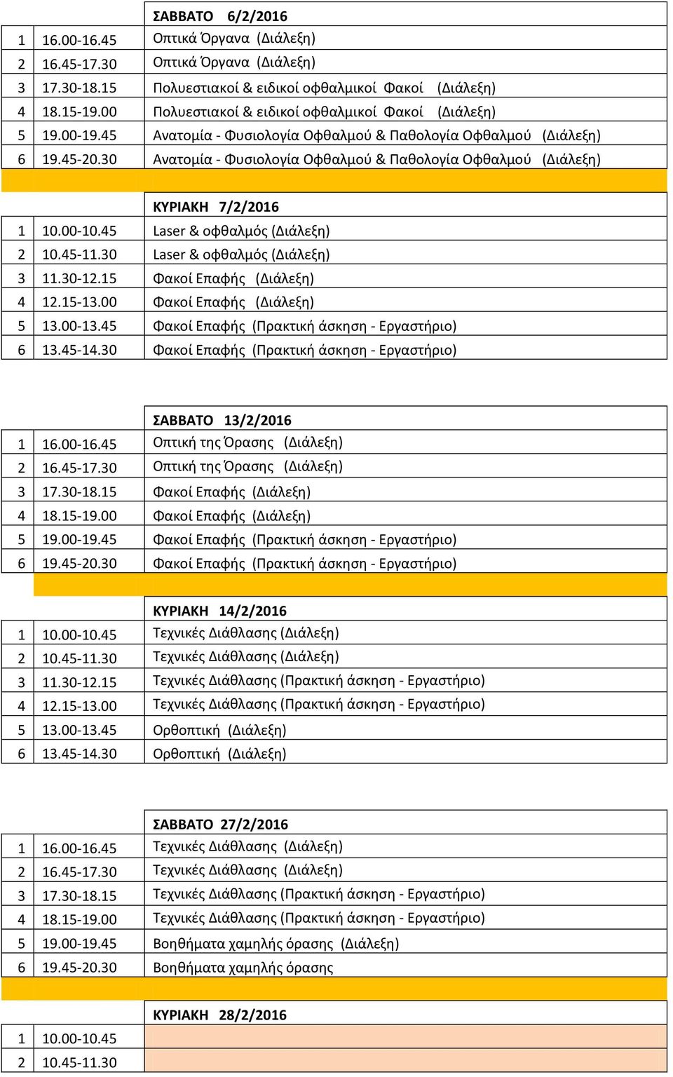 30 Ανατομία - Φυσιολογία Οφθαλμού & Παθολογία Οφθαλμού (Διάλεξη) ΚΥΡΙΑΚΗ 7/2/2016 1 10.00-10.45 Laser & οφθαλμός (Διάλεξη) 2 10.45-11.30 Laser & οφθαλμός (Διάλεξη) 3 11.30-12.