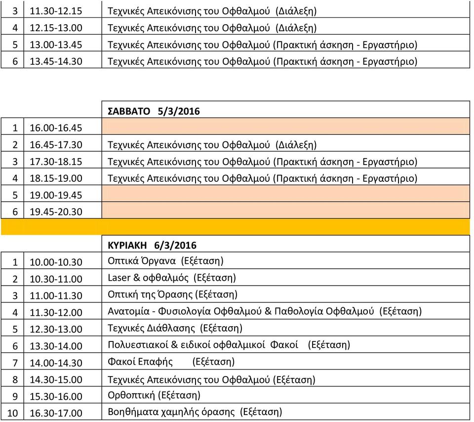 15 Τεχνικές Απεικόνισης του Οφθαλμού (Πρακτική άσκηση - Εργαστήριο) 4 18.15-19.00 Τεχνικές Απεικόνισης του Οφθαλμού (Πρακτική άσκηση - Εργαστήριο) 5 19.00-19.45 6 19.45-20.30 ΚΥΡΙΑΚΗ 6/3/2016 1 10.