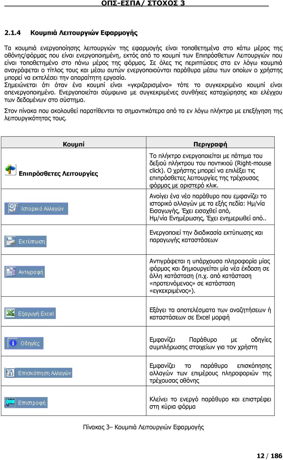 Σε όλες τις περιπτώσεις στα εν λόγω κουμπιά αναγράφεται ο τίτλος τους και μέσω αυτών ενεργοποιούνται παράθυρα μέσω των οποίων ο χρήστης μπορεί να εκτελέσει την απαραίτητη εργασία.