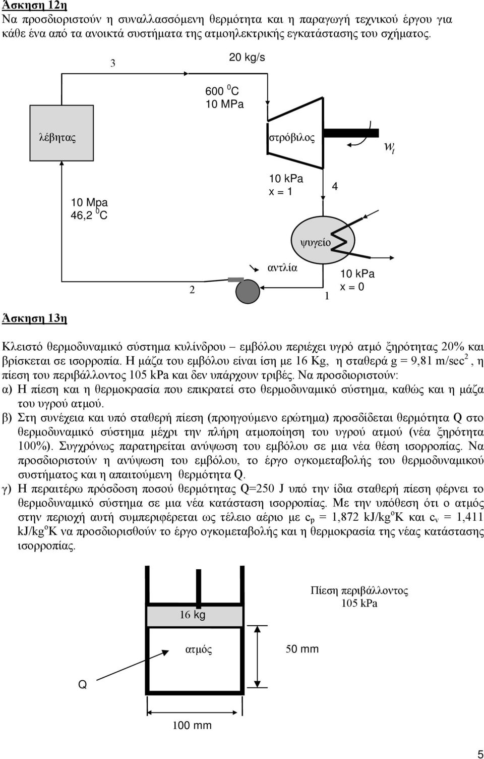 σε ισορροπία. Η μάζα του εμβόλου είναι ίση με 6 Kg, η σταθερά g = 9,8 m/sec, η πίεση του περιβάλλοντος 05 kpa και δεν υπάρχουν τριβές.