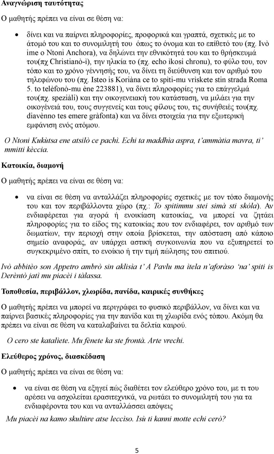 echo ìkosi chronu), το φύλο του, τον τόπο και το χρόνο γέννησής του, να δίνει τη διεύθυνση και τον αριθμό του τηλεφώνου του (πχ. Isteo is Koriàna ce to spìti-mu vrìskete stin strada Roma 5.