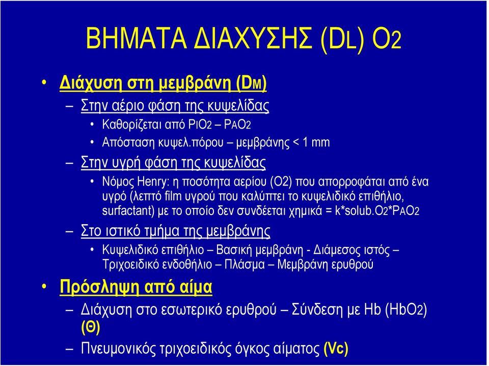 κυψελιδικό επιθήλιο, surfactant) με το οποίο δεν συνδέεται χημικά = k*solub.