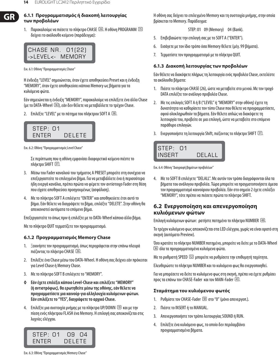 1: Οθόνη Προγραμματισμός Chase Η ένδειξη LEVEL σημειώνεται, όταν έχετε αποθηκεύσει Preset και η ένδειξη MEMORY, όταν έχετε αποθηκεύσει κάποια Memory ως βήματα για τα κυλιόμενα φώτα.