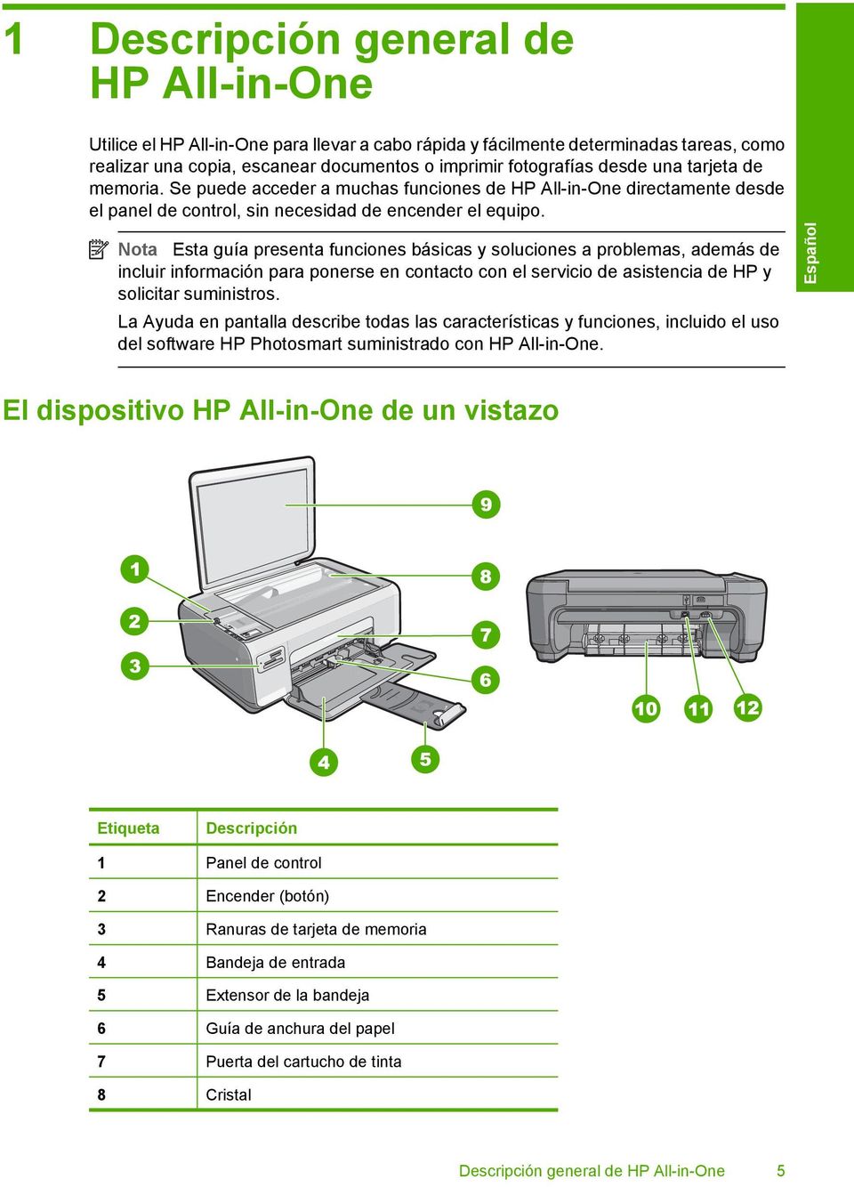 Nota Esta guía presenta funciones básicas y soluciones a problemas, además de incluir información para ponerse en contacto con el servicio de asistencia de HP y solicitar suministros.