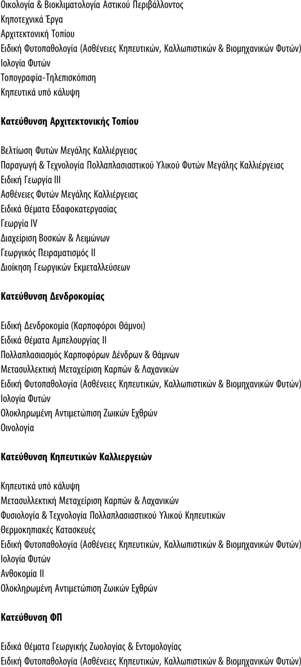 Βοσκών & Λειμώνων Γεωργικός Πειραματισμός II Διοίκηση Γεωργικών Εκμεταλλεύσεων Κατεύθυνση Δενδροκομίας Ειδική Δενδροκομία (Καρποφόροι Θάμνοι) Ειδικά Θέματα Αμπελουργίας II Πολλαπλασιασμός Καρποφόρων