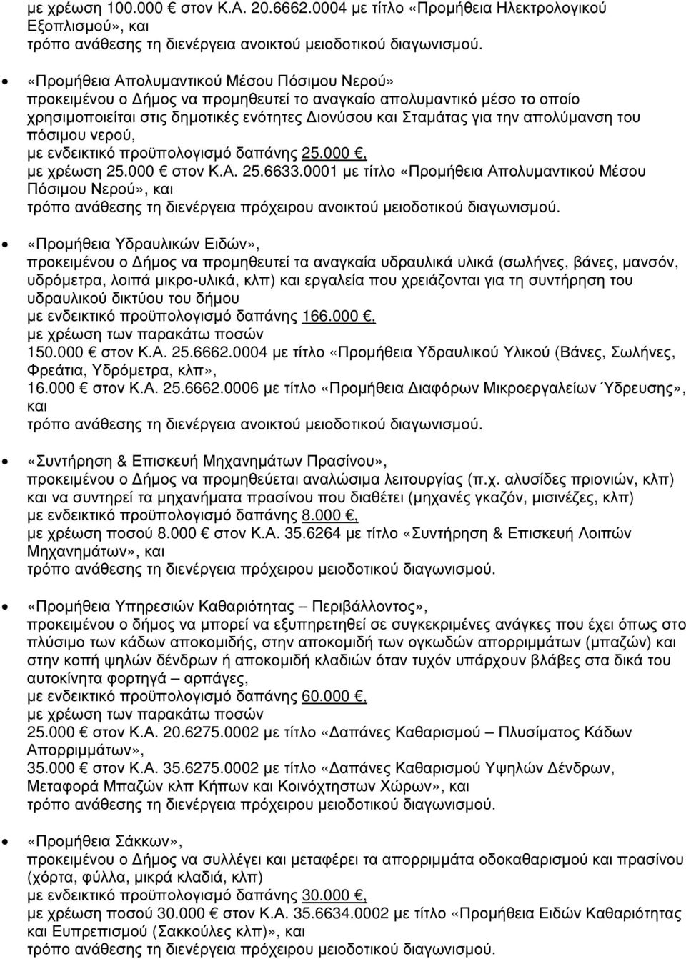 του πόσιµου νερού, µε ενδεικτικό προϋπολογισµό δαπάνης 25.000, µε χρέωση 25.000 στον Κ.Α. 25.6633.