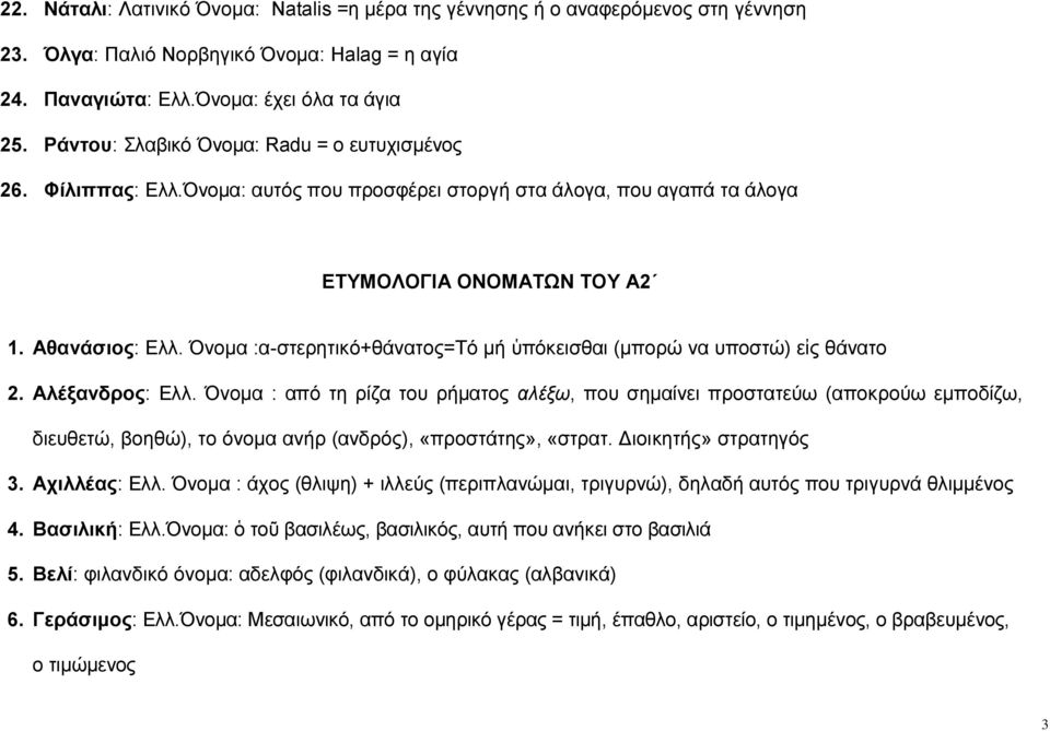Όνομα :α-στερητικό+θάνατος=τό μή ὑπόκεισθαι (μπορώ να υποστώ) εἰς θάνατο 2. Αλέξανδρος: Ελλ.