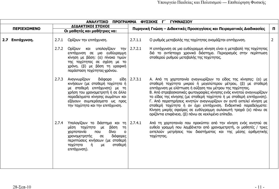 2.7.3 Αναγνωρίζουν διάφορα είδη κινήσεων (με σταθερή ταχύτητα ή με σταθερή επιτάχυνση) με τη χρήση του χρονομετρητή ή σε άλλα παραδείγματα κίνησης σωμάτων και εξάγουν συμπεράσματα ως προς την