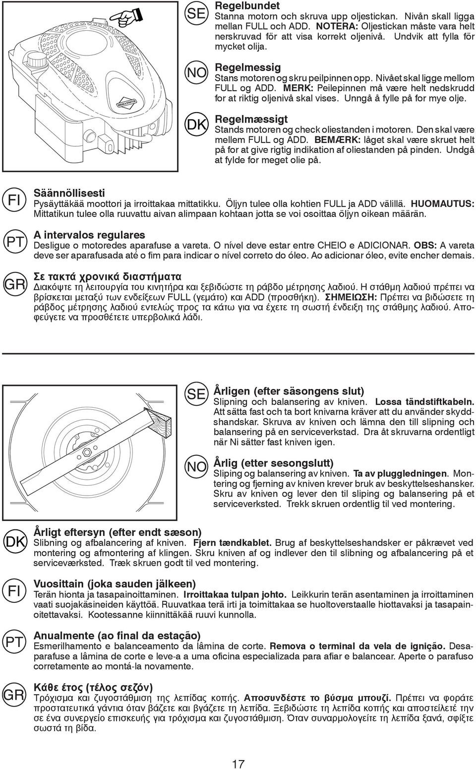 Unngå å fylle på for mye olje. Regelmæssigt Stands motoren og check oliestanden i motoren. Den skal være mellem FULL og ADD.