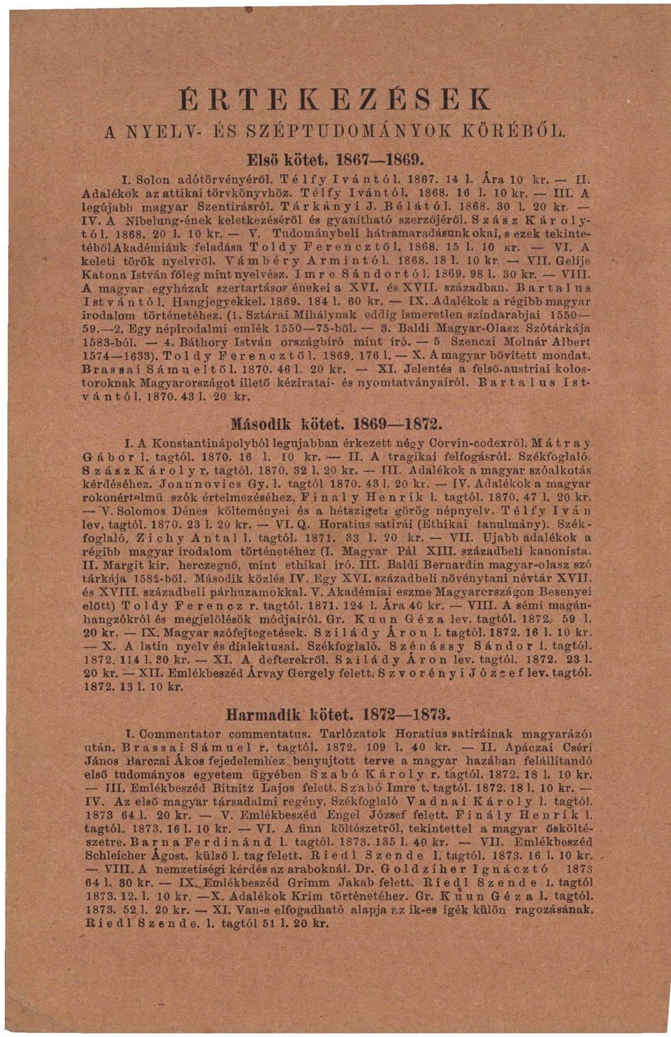 V, Tudománybeli hátramaradásunk okai, s ezek tekintetéből Akadémiánk feladása Toldy Ferencztől. 1868. 15 1. 10 ΚΓ. VI. A keleti török nyelvről. Vámbéry Ármintól. 1868. 18 1. 10 kr. VII.