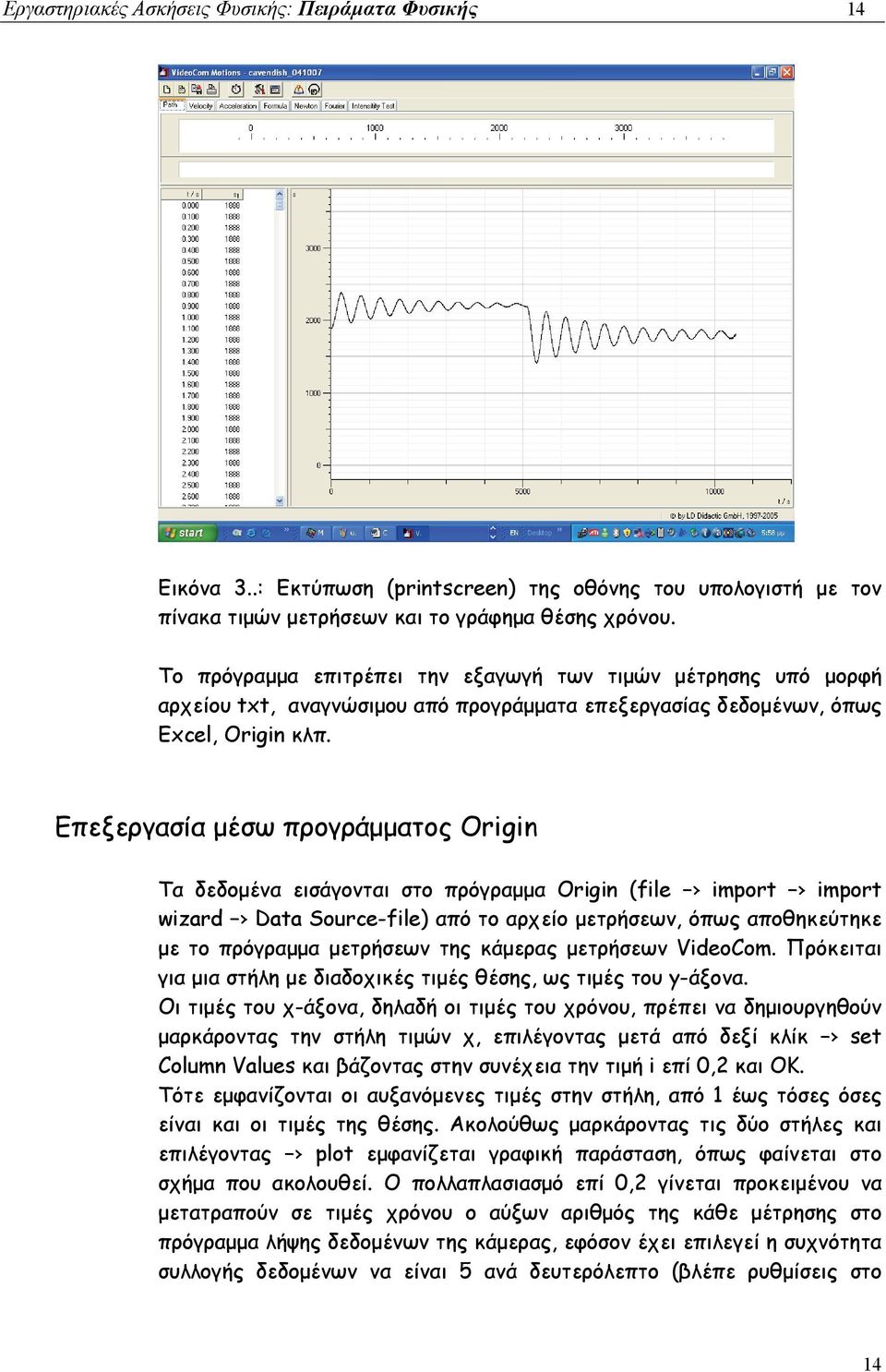 Επεξεργασία μέσω προγράμματος Origin Τα δεδομένα εισάγονται στο πρόγραμμα Origin (file import import wizard Data Source-file) από το αρχείο μετρήσεων, όπως αποθηκεύτηκε με το πρόγραμμα μετρήσεων της