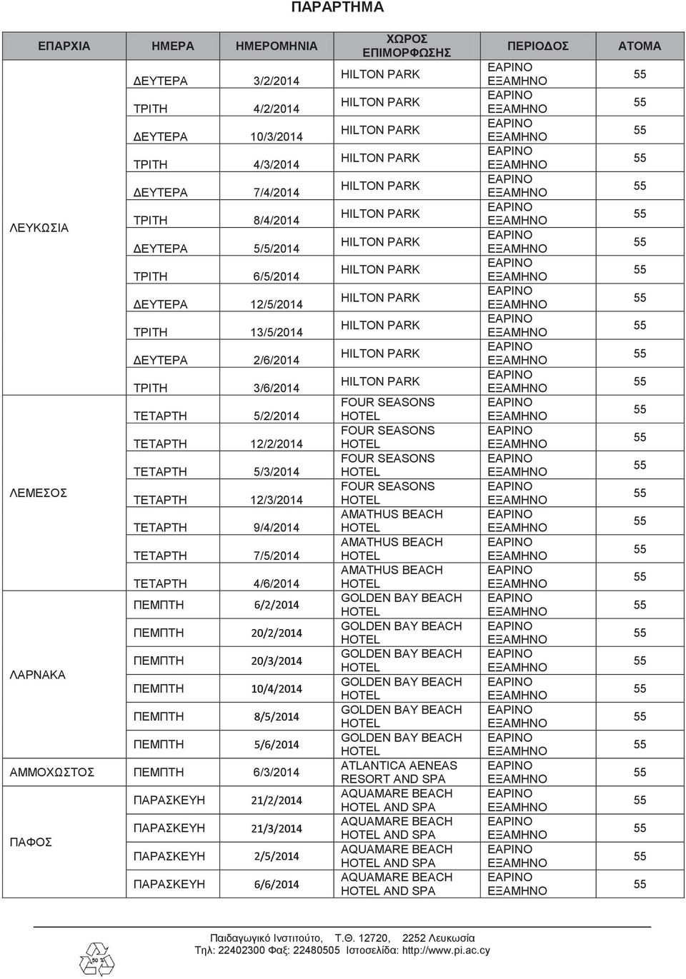 ΤΕΤΑΡΤΗ 12/2/2014 ΤΕΤΑΡΤΗ 5/3/2014 ΛΕΜΕΣΟΣ ΤΕΤΑΡΤΗ 12/3/2014 ΤΕΤΑΡΤΗ 9/4/2014 ΤΕΤΑΡΤΗ 7/5/2014 ΤΕΤΑΡΤΗ 4/6/2014 ΛΑΡΝΑΚΑ ΑΜΜΟΧΩΣΤΟΣ