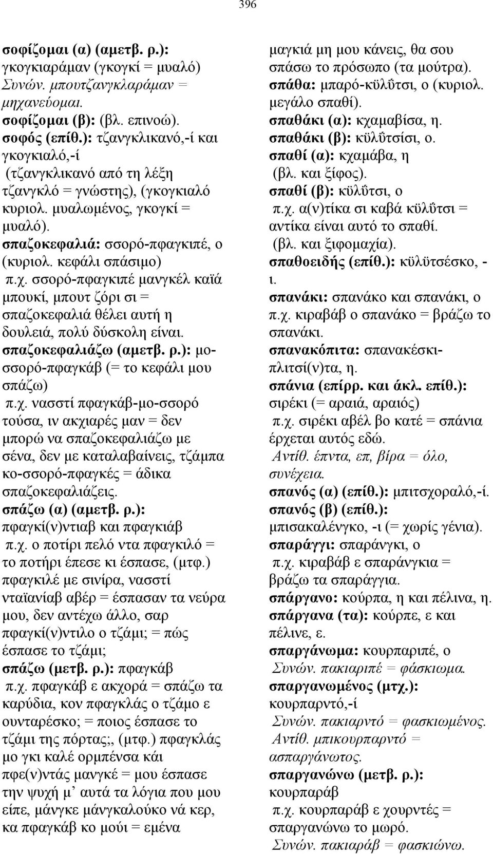 σσορό-πφαγκιπέ µανγκέλ καϊά µπουκί, µπουτ ζόρι σι = σπαζοκεφαλιά θέλει αυτή η δουλειά, πολύ δύσκολη είναι. σπαζοκεφαλιάζω (αµετβ. ρ.): µοσσορό-πφαγκάβ (= το κεφάλι µου σπάζω) π.χ.