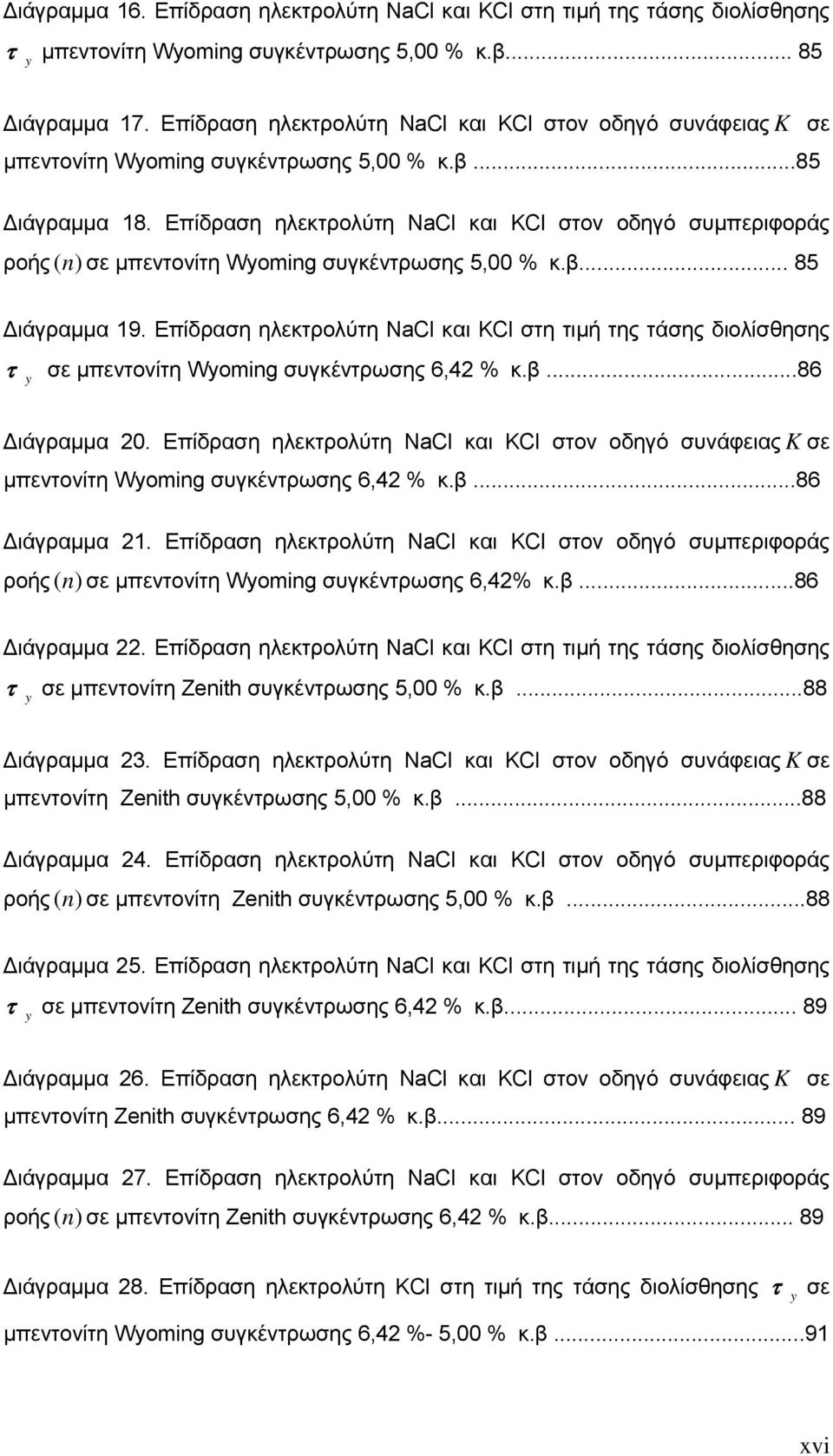 Επίδραση ηλεκτρολύτη NaCl και KCl στον οδηγό συμπεριφοράς ροής (n) σε μπεντονίτη Wyoming συγκέντρωσης 5,00 % κ.β... 85 Διάγραμμα 19.