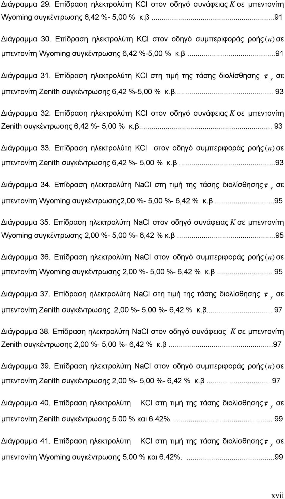 Επίδραση ηλεκτρολύτη KCl στη τιμή της τάσης διολίσθησης τ y σε μπεντονίτη Zenith συγκέντρωσης 6,42 %-5,00 % κ.β... 93 Διάγραμμα 32.