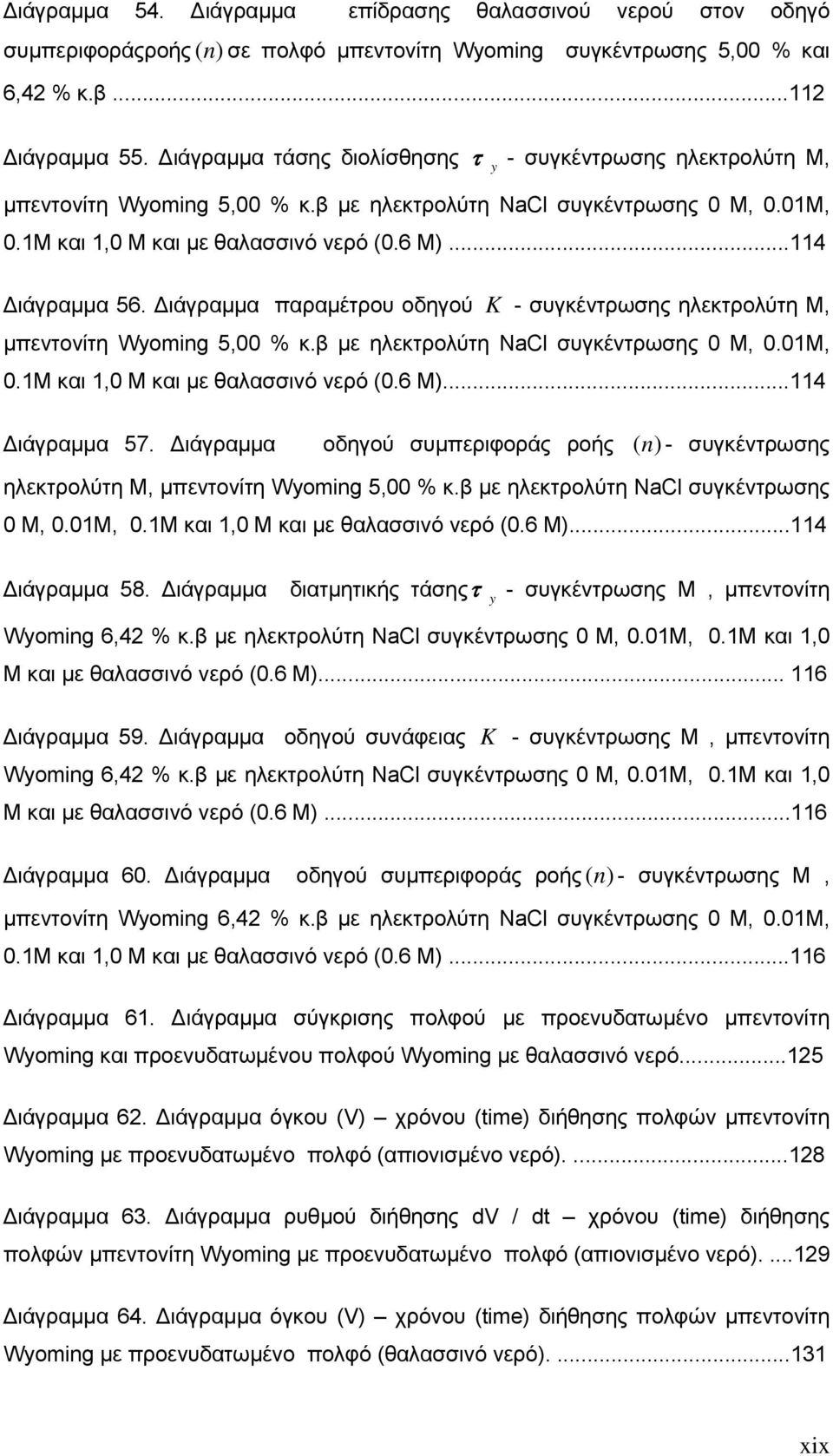 Διάγραμμα παραμέτρου οδηγού K - συγκέντρωσης ηλεκτρολύτη Μ, μπεντονίτη Wyoming 5,00 % κ.β με ηλεκτρολύτη NaCl συγκέντρωσης 0 Μ, 0.01Μ, 0.1Μ και 1,0 Μ και με θαλασσινό νερό (0.6 Μ)...114 Διάγραμμα 57.