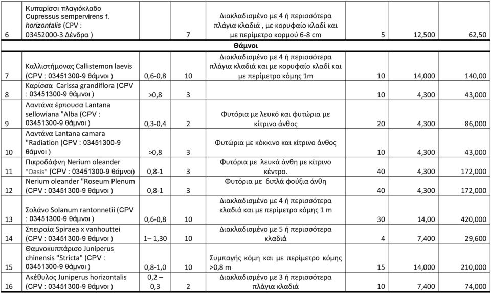 πλάγια κλαδιά και με κορυφαίο κλαδί και με περίμετρο κόμθσ 1m 10 14,000 140,00 Καλλιςτιμονασ Callistemon laevis (CPV : 03451300-9 θάμνοι ) 0,6-0,8 10 Καρίςςα Carissa grandiflora (CPV : 03451300-9