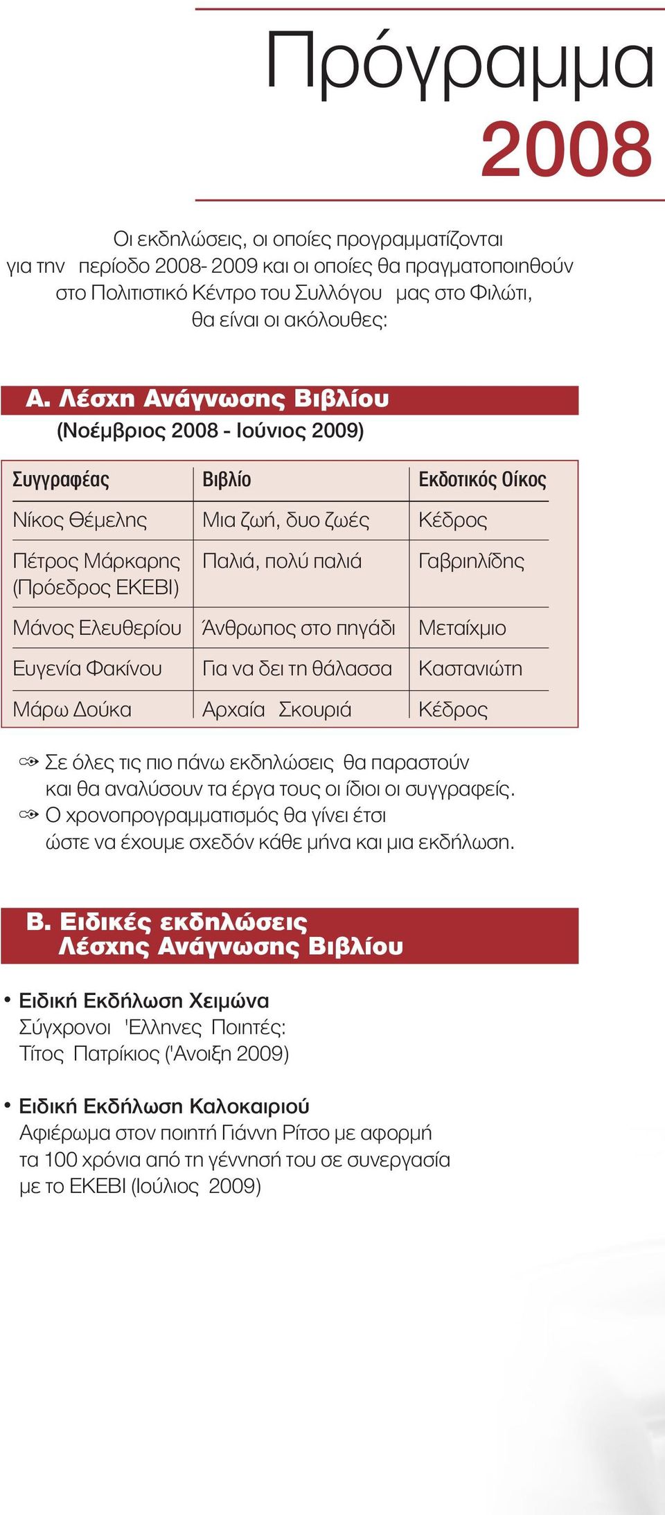 Ελευθερίου Άνθρωπος στο πηγάδι Μεταίχμιο Ευγενία Φακίνου Για να δει τη θάλασσα Καστανιώτη Μάρω Δούκα Αρχαία Σκουριά Kέδρος Σε όλες τις πιο πάνω εκδηλώσεις θα παραστούν και θα αναλύσουν τα έργα τους