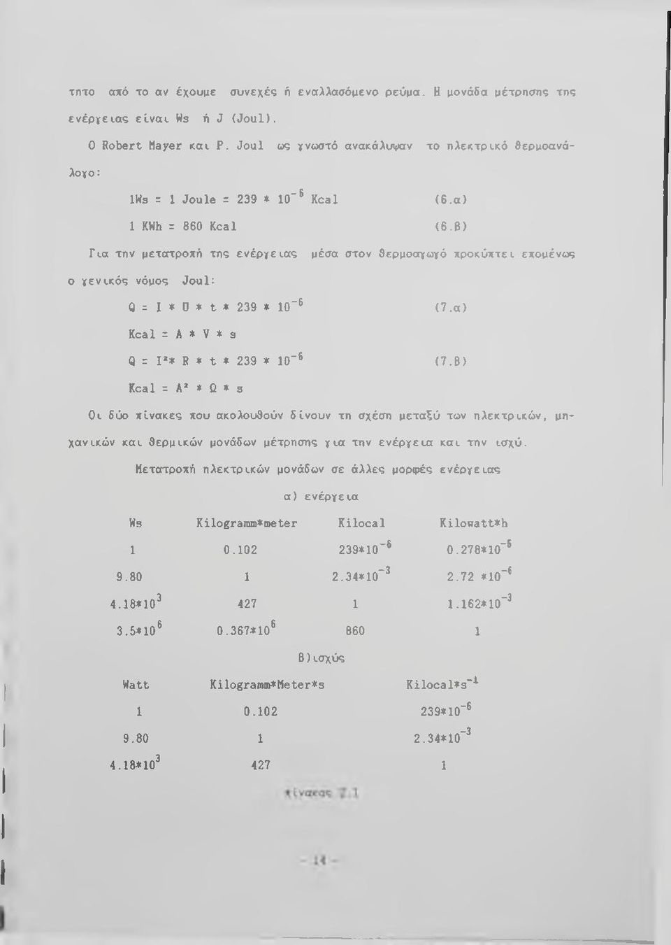 B ) Γ ια την μετατροπή της εν έρ γ εια ς μέσα στον θερμοαγωγό προ κύπ τει επομένως ο γ εν ικό ς νόμος J o u l: Q ζ I * 0 * t * 239 * 10 (7.α ) Kcal = A * V * 3 Q = Ρ * R * t * 239» 10~ ( 7.