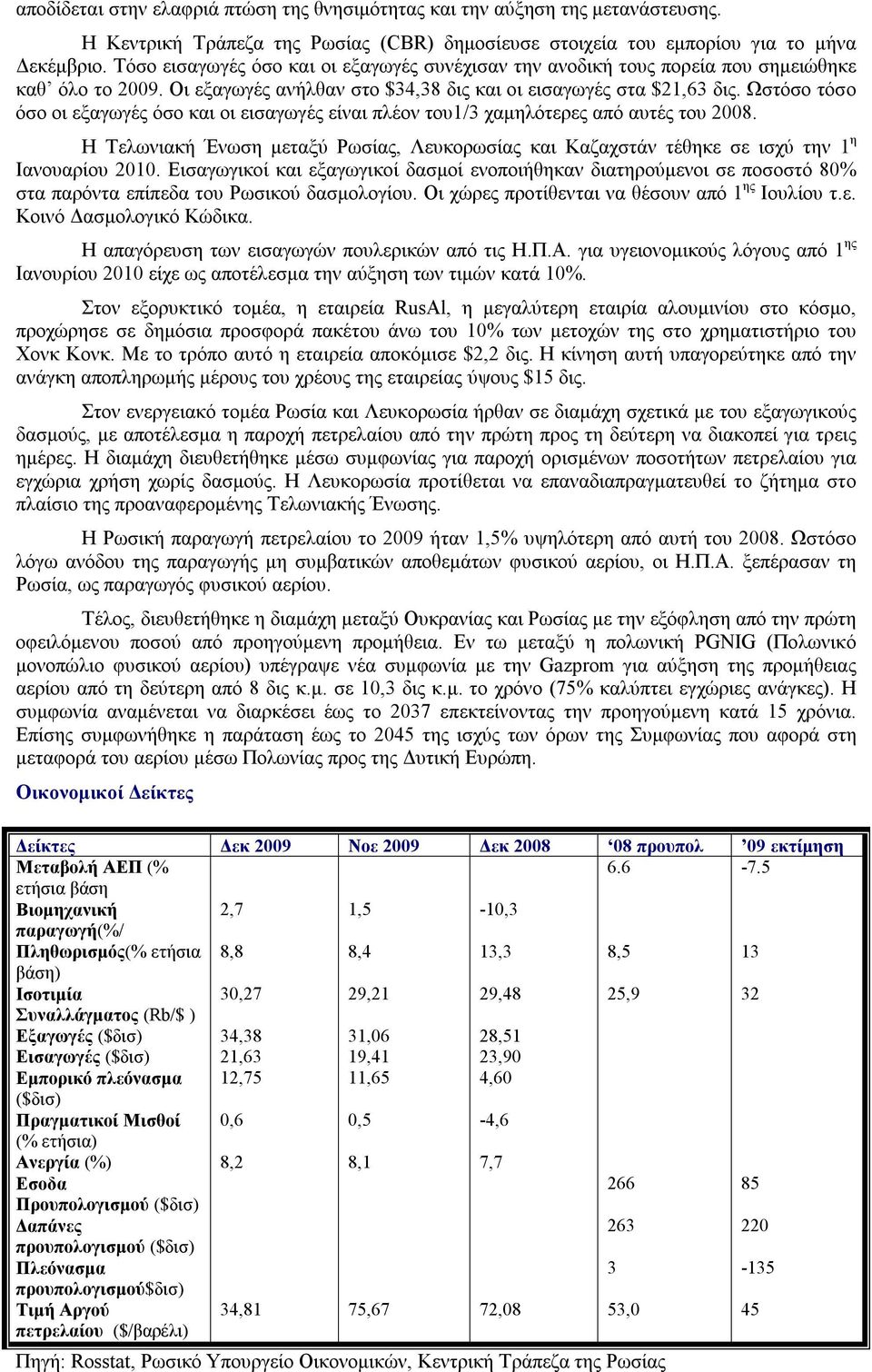 Ωστόσο τόσο όσο οι εξαγωγές όσο και οι εισαγωγές είναι πλέον του1/3 χαμηλότερες από αυτές του 2008. Η Τελωνιακή Ένωση μεταξύ Ρωσίας, Λευκορωσίας και Καζαχστάν τέθηκε σε ισχύ την 1 η Ιανουαρίου 2010.