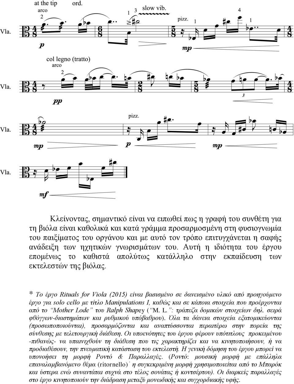 * Το έργο Rituals for Viola (2015) είναι βασισμένο σε δανεισμένο υλικό από προηγούμενο έργο για solo cello με τίτλο Manipulations I, καθώς και σε κάποια στοιχεία που προέρχονται από το Mother Lode
