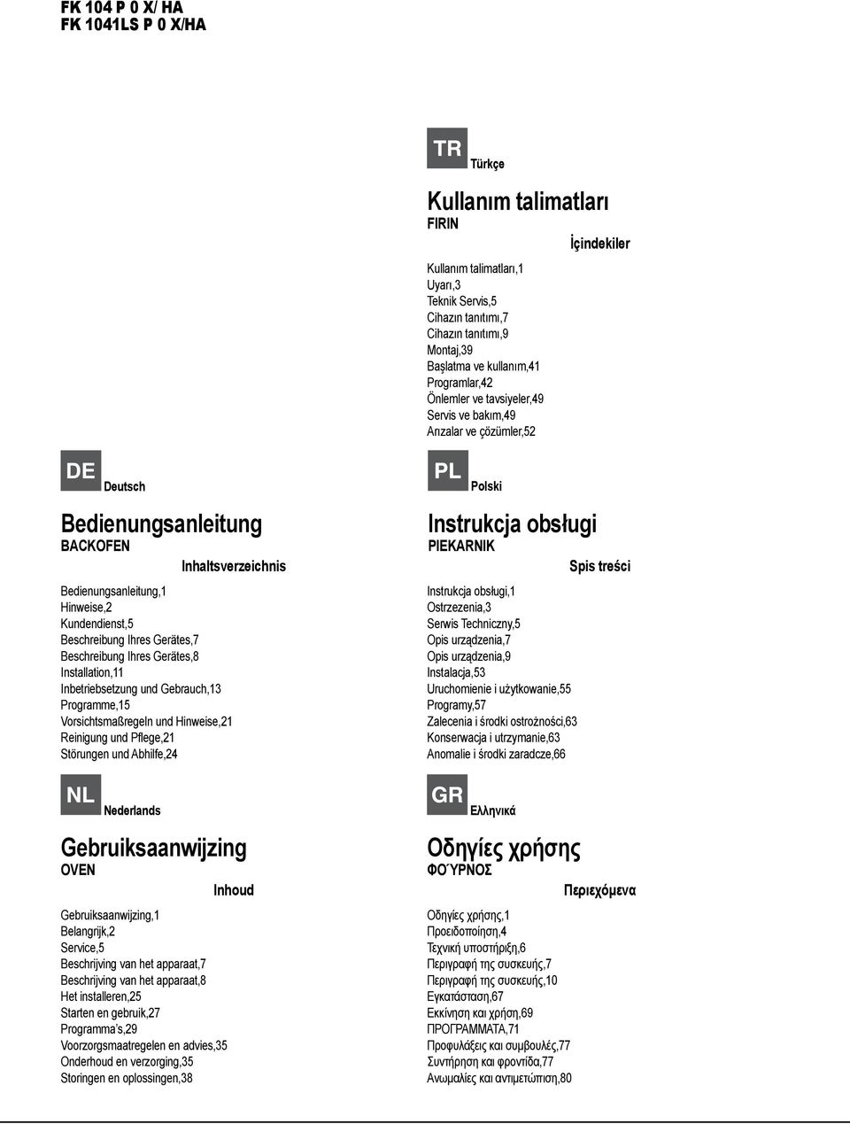 Beschreibung Ihres Gerätes,8 Installation, Inbetriebsetzung und Gebrauch, Programme,5 Vorsichtsmaßregeln und Hinweise, Reinigung und Pflege, Störungen und Abhilfe, Polski Instrukcja obsługi PIEKARNIK