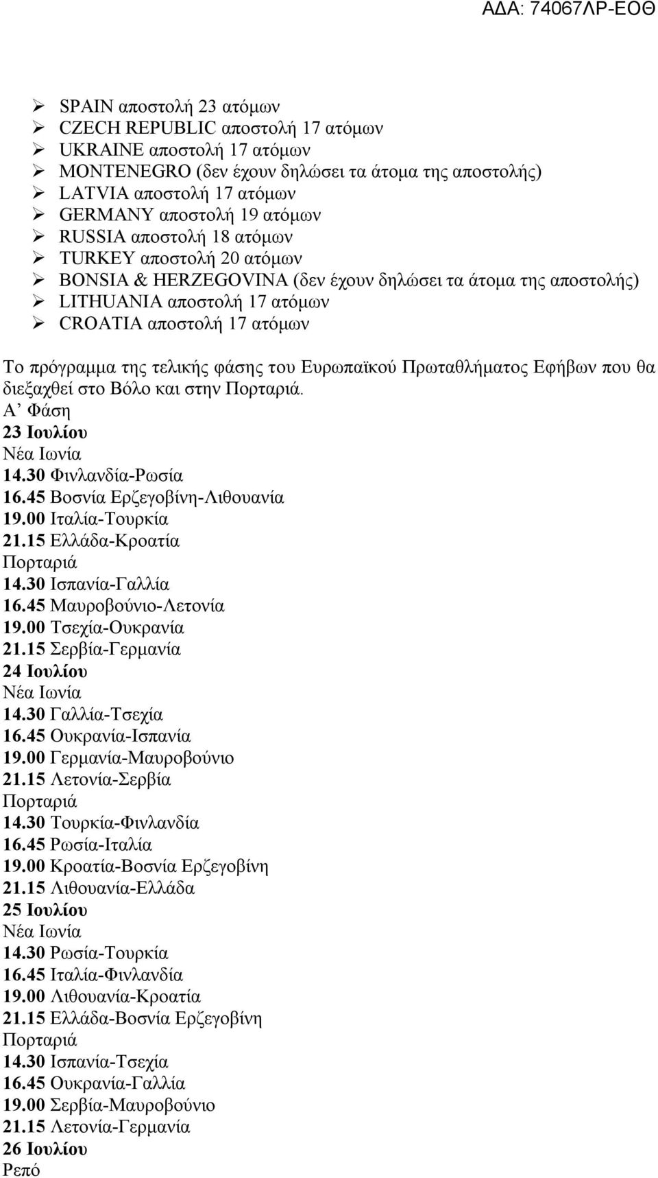 Ευρωπαϊκού Πρωταθλήματος Εφήβων που θα διεξαχθεί στο Βόλο και στην. Α Φάση 23 Ιουλίου 14.30 Φινλανδία-Ρωσία 16.45 Βοσνία Ερζεγοβίνη-Λιθουανία 19.00 Ιταλία-Τουρκία 21.15 Ελλάδα-Κροατία 14.