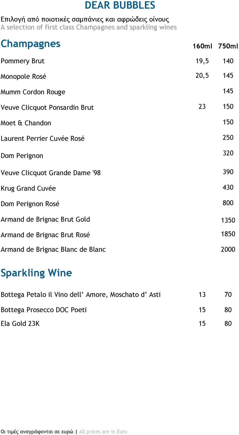 Grande Dame '98 390 Krug Grand Cuvée 430 Dom Perignon Rosé 800 Armand de Brignac Brut Gold 1350 Armand de Brignac Brut Rosé 1850 Armand de Brignac Blanc de Blanc 2000