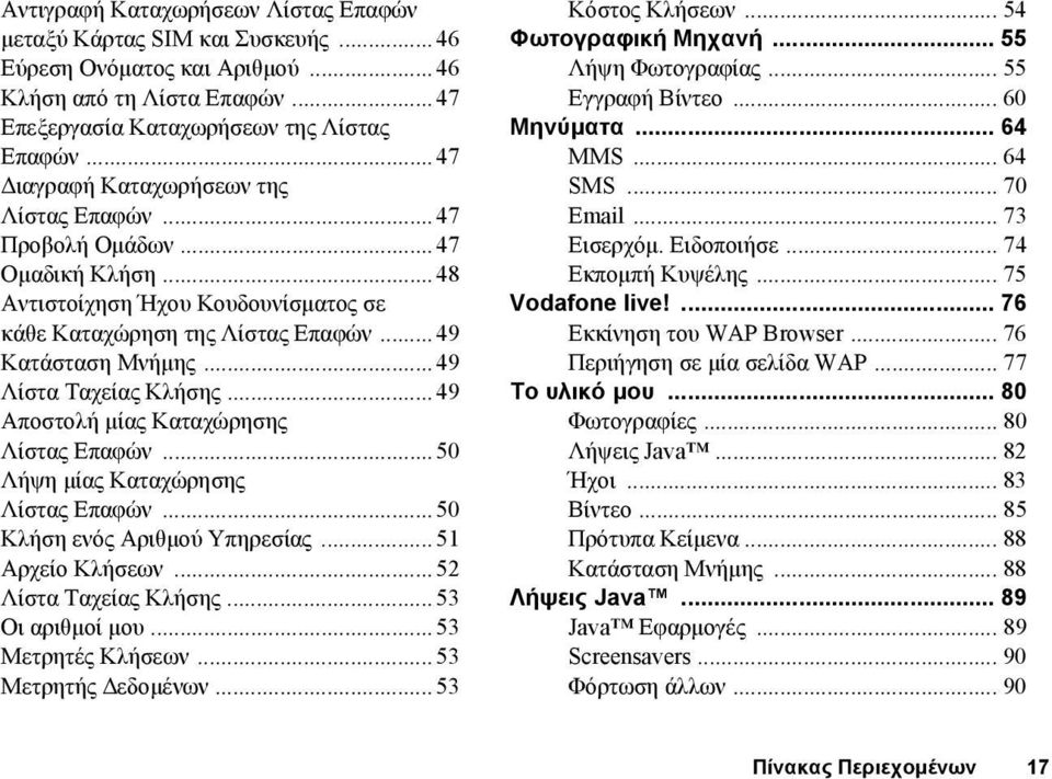 .. 49 Λίστα Ταχείας Κλήσης... 49 Αποστολή μίας Καταχώρησης Λίστας Επαφών... 50 Λήψη μίας Καταχώρησης Λίστας Επαφών... 50 Κλήση ενός Αριθμού Υπηρεσίας... 51 Αρχείο Κλήσεων... 52 Λίστα Ταχείας Κλήσης.