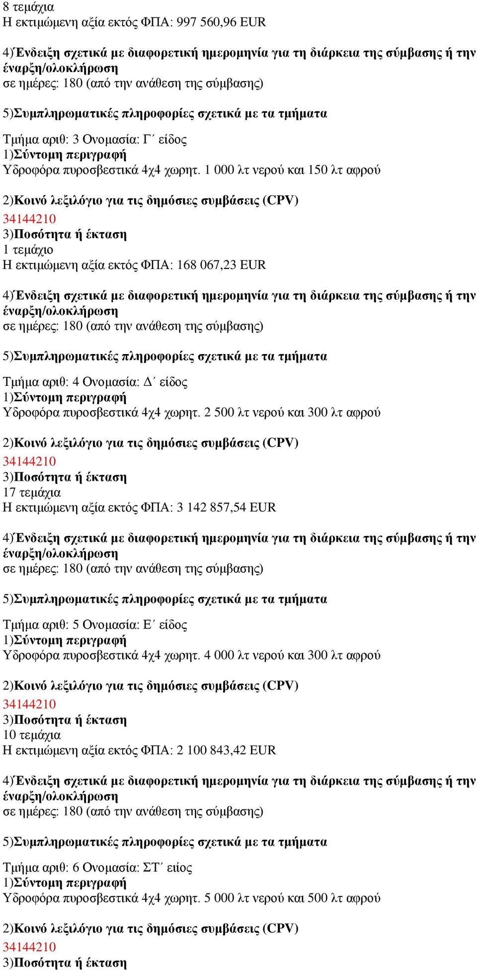 2 500 ιη λεξνχ θαη 300 ιη αθξνχ 17 ηεκάρηα Ζ εθηηκψκελε αμία εθηφο ΦΠΑ: 3 142 857,54 EUR Τκήκα αξηζ: 5 Ολνκαζία: Δ είδνο Υδξνθφξα ππξνζβεζηηθά 4ρ4 ρσξεη.