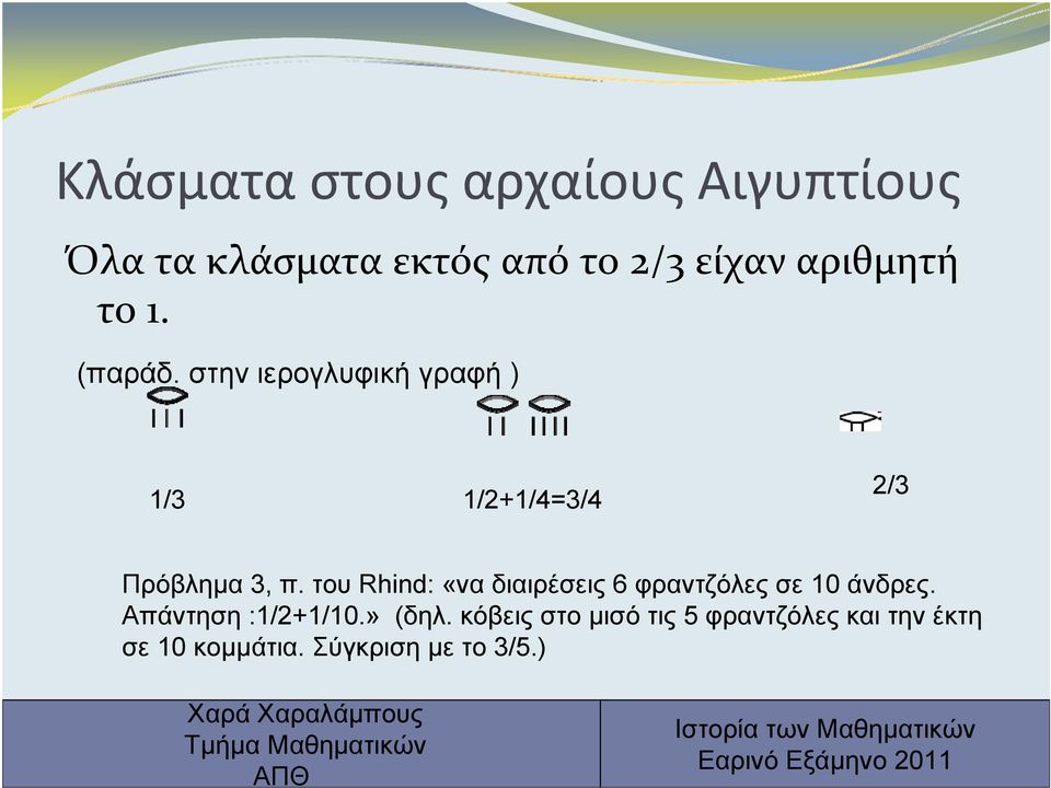 του Rhind: «να διαιρέσεις 6 φραντζόλες σε 10 άνδρες. Απάντηση :1/2+1/10.