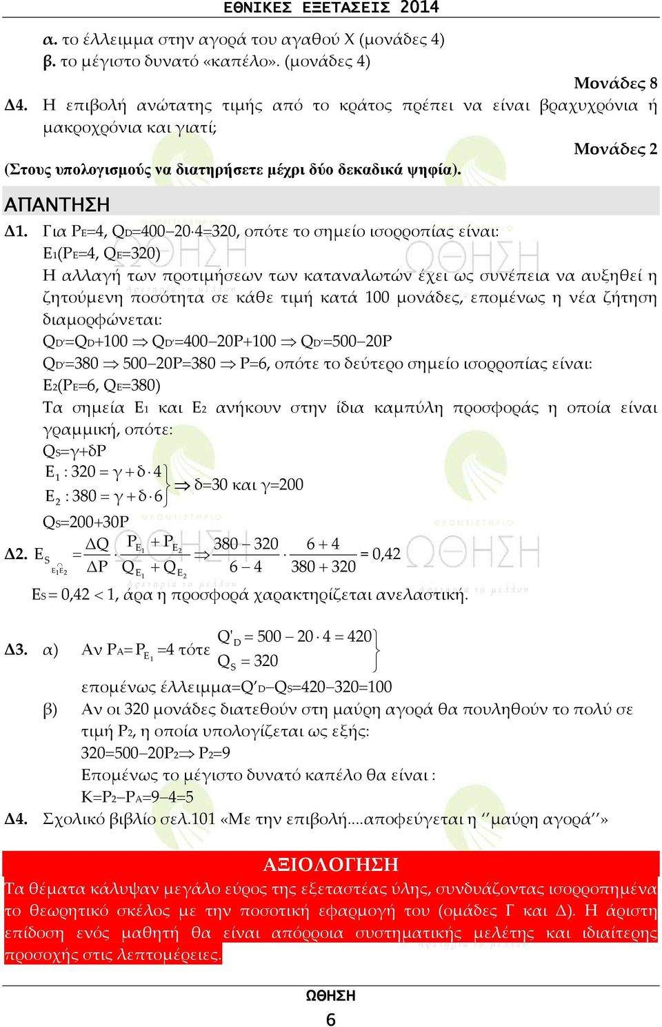 Για PE=4, QD=400 0 4=30, οπότε το σημείο ισορροπίας είναι: E1(PE=4, QE=30) Η αλλαγή των προτιμήσεων των καταναλωτών έχει ως συνέπεια να αυξηθεί η ζητούμενη ποσότητα σε κάθε τιμή κατά 100 μονάδες,