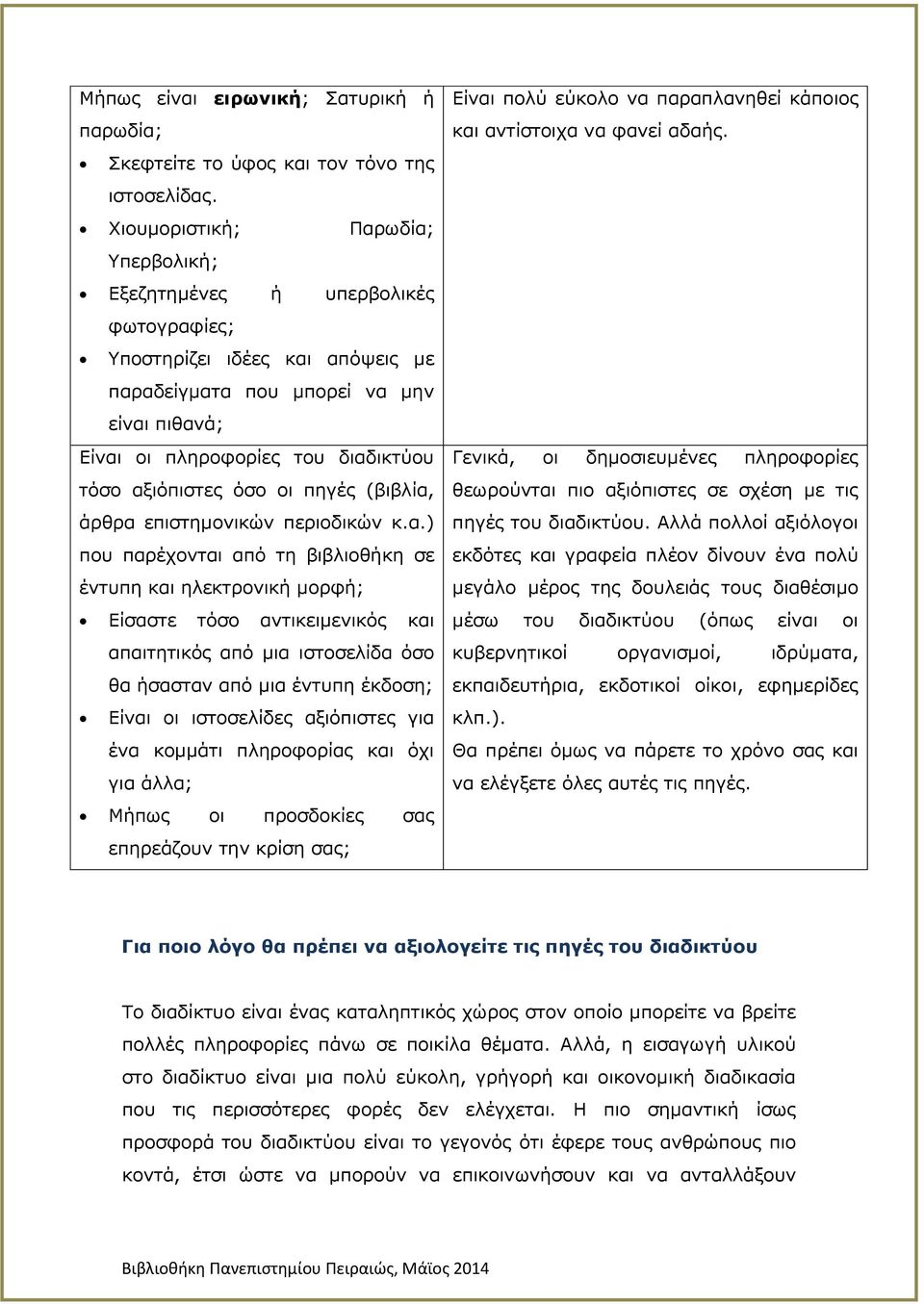 αξιόπιστες όσο οι πηγές (βιβλία, άρθρα επιστημονικών περιοδικών κ.α.) που παρέχονται από τη βιβλιοθήκη σε έντυπη και ηλεκτρονική μορφή; Είσαστε τόσο αντικειμενικός και απαιτητικός από μια ιστοσελίδα