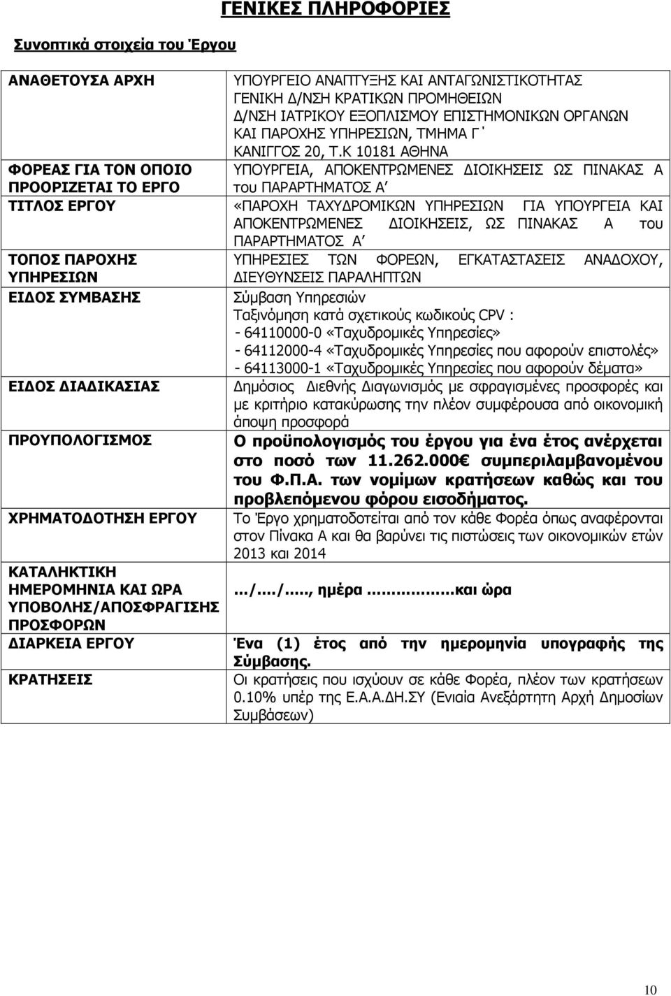 Κ 10181 ΑΘΗΝΑ ΦΟΡΕΑΣ ΓΙΑ ΤΟΝ ΟΠΟΙΟ ΠΡΟΟΡΙΖΕΤΑΙ ΤΟ ΕΡΓΟ ΥΠΟΥΡΓΕΙΑ, ΑΠΟΚΕΝΤΡΩΜΕΝΕΣ ΙΟΙΚΗΣΕΙΣ ΩΣ ΠΙΝΑΚΑΣ Α του ΠΑΡΑΡΤΗΜΑΤΟΣ Α ΤΙΤΛΟΣ ΕΡΓΟΥ «ΠΑΡΟΧΗ ΤΑΧΥ ΡΟΜΙΚΩΝ ΥΠΗΡΕΣΙΩΝ ΓΙΑ ΥΠΟΥΡΓΕΙΑ ΚΑΙ ΑΠΟΚΕΝΤΡΩΜΕΝΕΣ