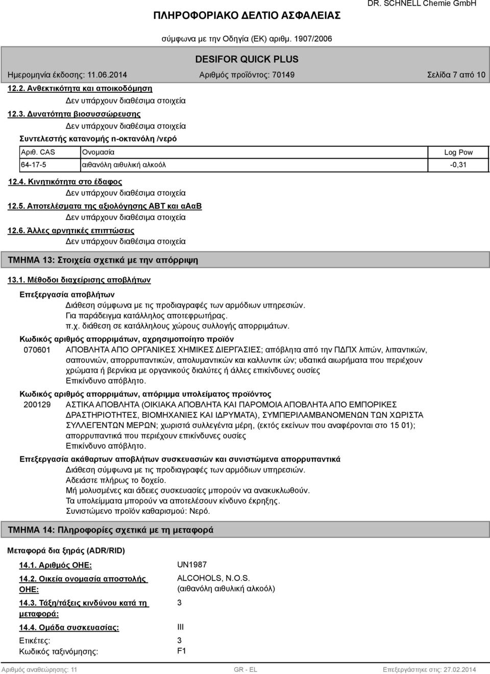 6. Άλλες αρνητικές επιπτώσεις Δεν υπάρχουν διαθέσιμα στοιχεία ΤΜΗΜΑ 1: Στοιχεία σχετικά με την απόρριψη 1.1. Μέθοδοι διαχείρισης αποβλήτων Επεξεργασία αποβλήτων Διάθεση σύμφωνα με τις προδιαγραφές των αρμόδιων υπηρεσιών.