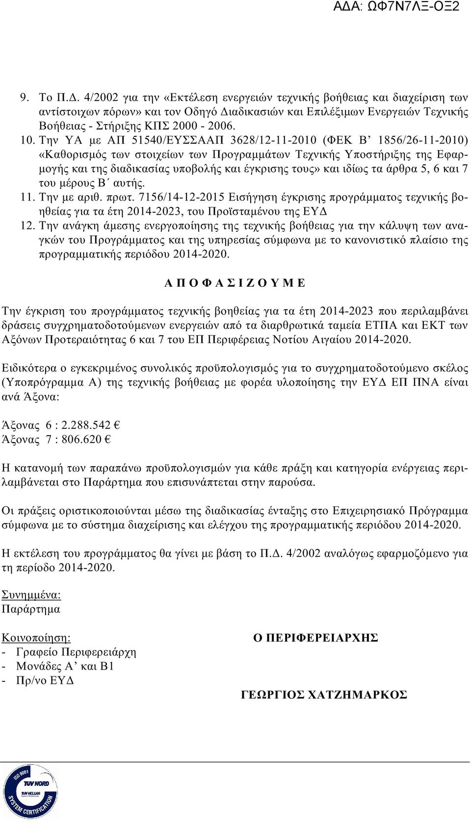 ιδίως τα άρθρα 5, 6 και 7 του μέρους Β αυτής. 11. Την με αριθ. πρωτ. 7156/14-12-2015 Εισήγηση έγκρισης προγράμματος τεχνικής βοηθείας για τα έτη 2014-2023, του Προϊσταμένου της ΕΥΔ 12.