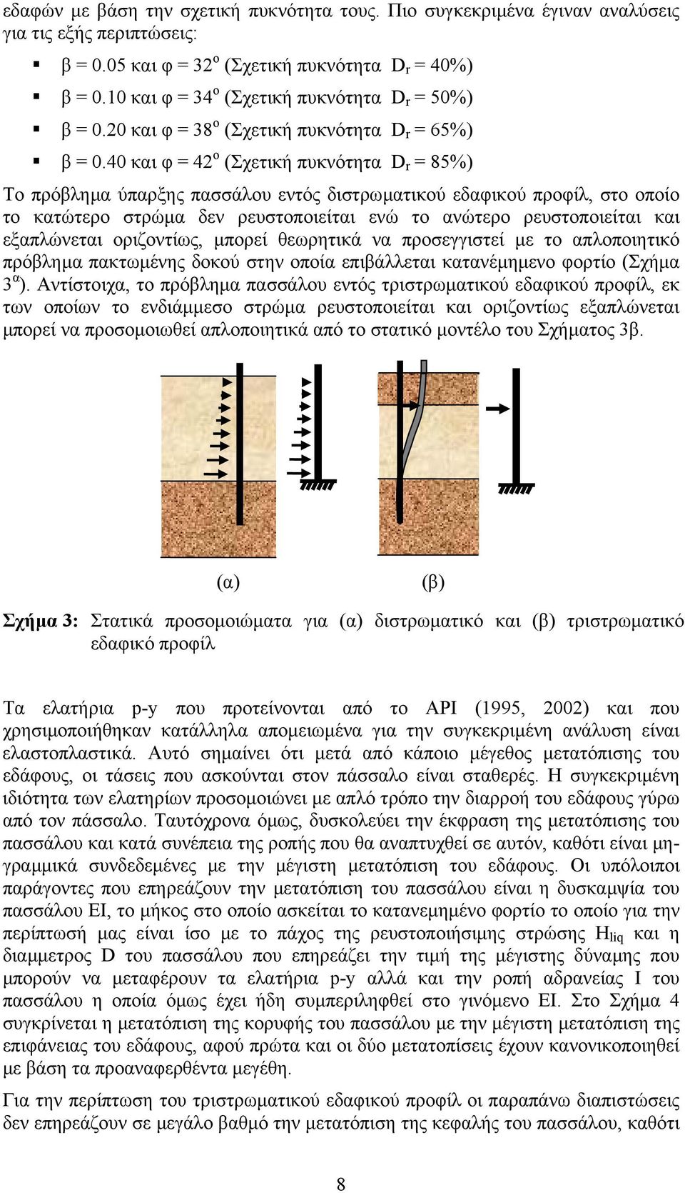 και φ = ο (Σχετική πυκνότητα D r = 85%) Το πρόβληµα ύπαρξης πασσάλου εντός διστρωµατικού εδαφικού προφίλ, στο οποίο το κατώτερο στρώµα δεν ρευστοποιείται ενώ το ανώτερο ρευστοποιείται και εξαπλώνεται