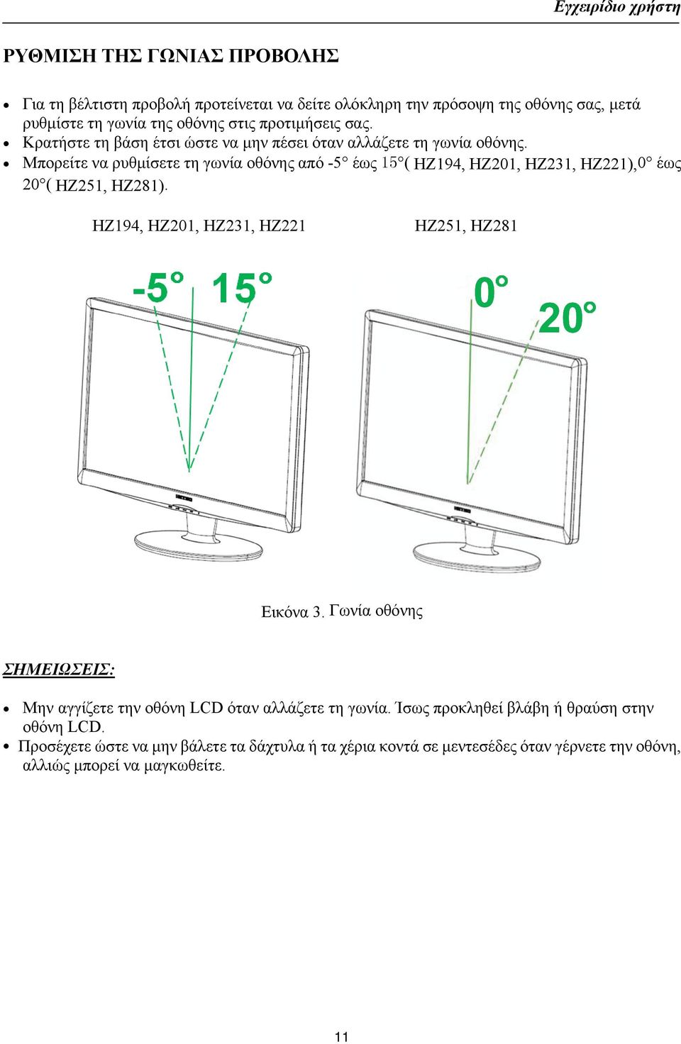 Μπορείτε να ρυθμίσετε τη γωνία οθόνης από -5 έως 15 ( HZ194, HZ201, HZ231, HZ221),0 έως 20 ( HZ251, HZ281). HZ194, HZ201, HZ231, HZ221 HZ251, HZ281 Εικόνα 3.